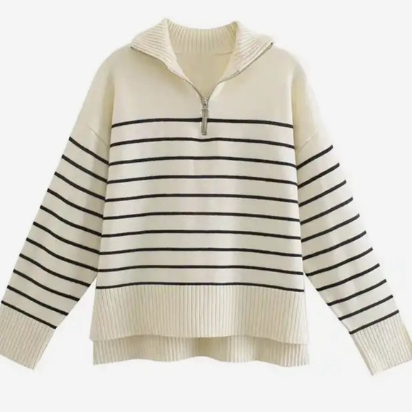 Zara Inspired Women Oversized Striped Sweater Long Sleeve Half Zip Pullover - Picture 1 of 5
